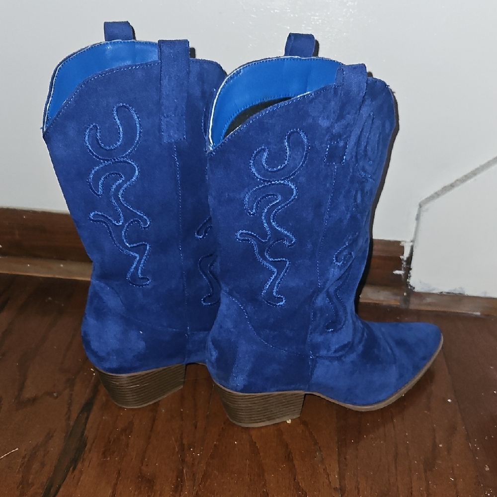 Blue Heeled Suede-look/ Boots with Decorative Stitching